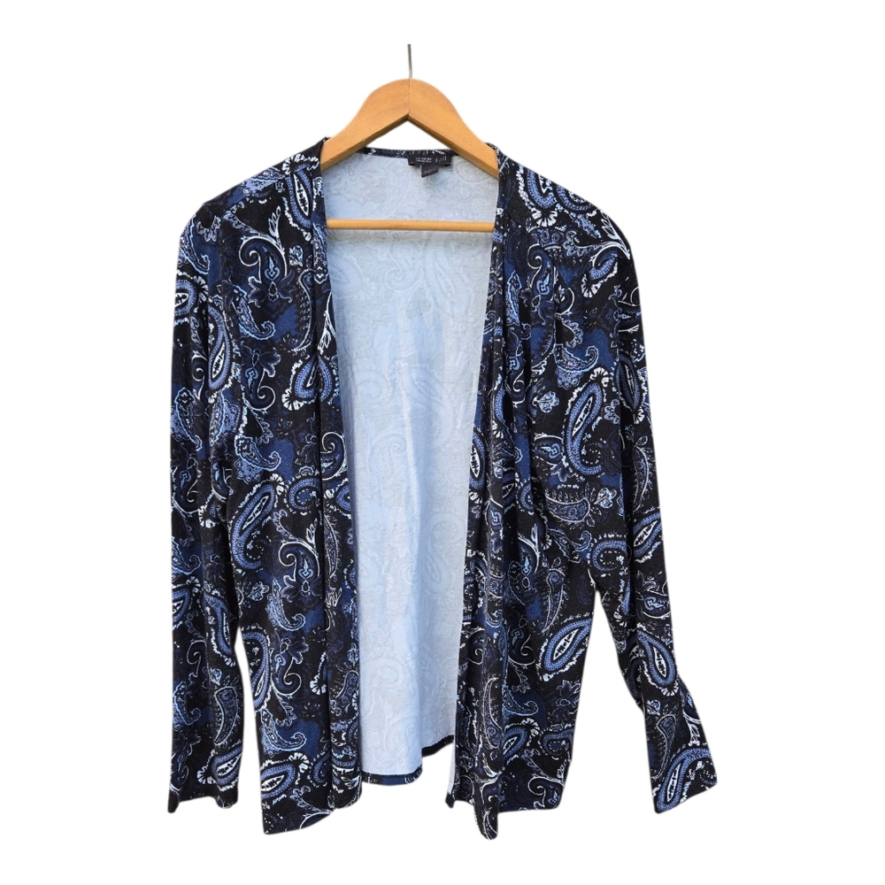 J Jill Wearever Collection Large Blue And Black Paisley Long Sleeve Cardigan